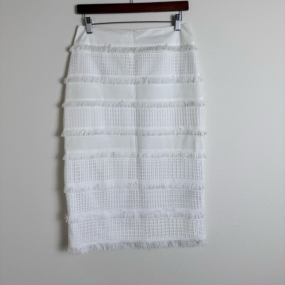 Banana republic white cream tiered fringe embroidered  boho midi pencil skirt 2